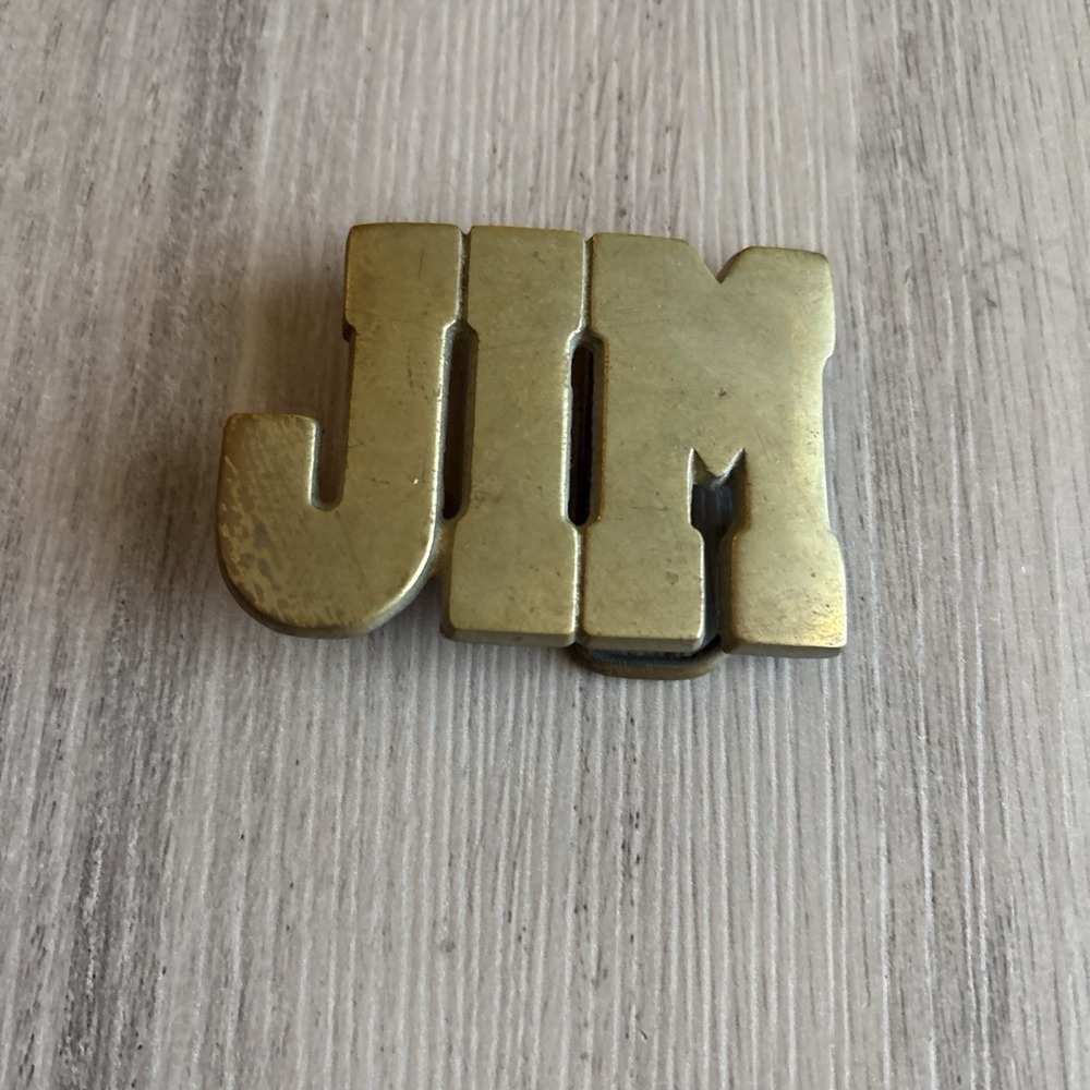 VTG Belt Buckle 70s Cut Spell Out Solid Brass Name “JIM” Taiwan PATINA